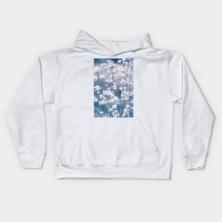 White Flowers With Blue and Grey Background Kids Hoodie